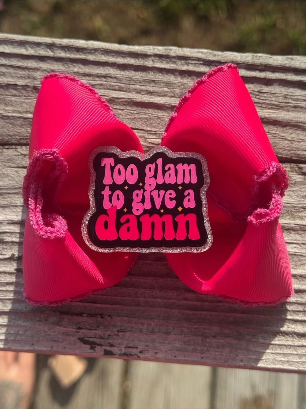 Hot Pink Kids Hair Bow with 'Too Glam to Give a Damn' Badge
